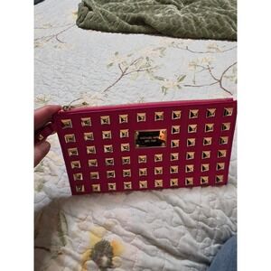 Michael Kors Hot Pink Studded Leather Wristlet Clutch Wallet Gold Hardware